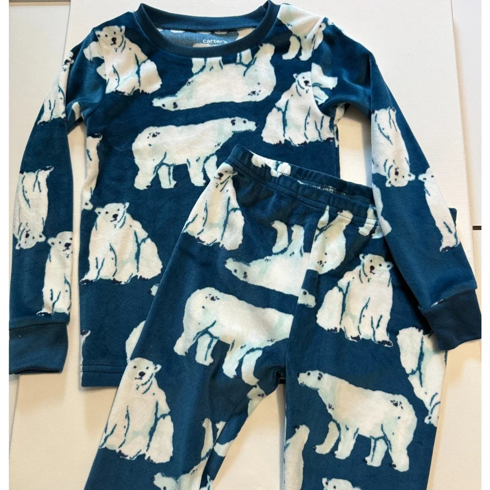 Carter’s Polar Bear Pajama Set Boys 5T Blue Fleece Sleepwear Long Sleeve NWOT